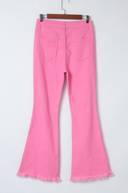 Pink Vintage-Inspired High-Waisted Flared Jeans with Ripped Raw Hem
