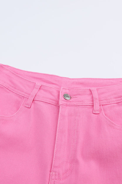 Pink Vintage-Inspired High-Waisted Flared Jeans with Ripped Raw Hem