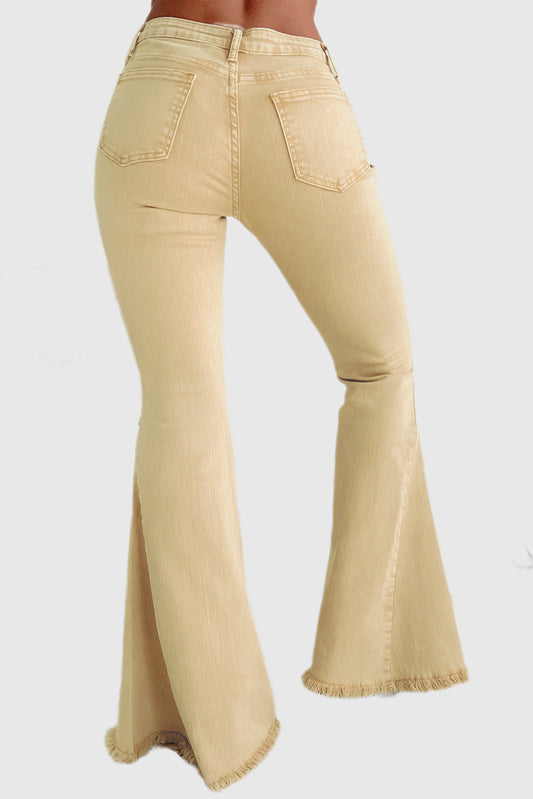 Khaki Mid-Rise Flared Jeans with Raw Edge