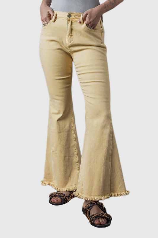 Khaki Mid-Rise Flared Jeans with Raw Edge