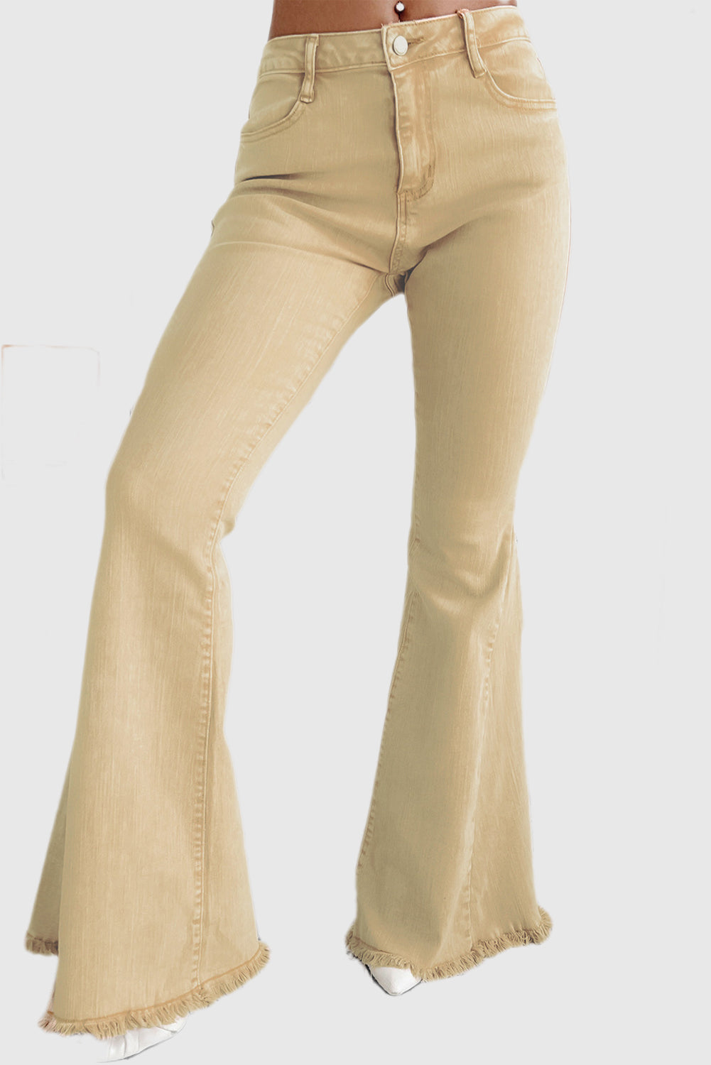 Khaki Mid-Rise Flared Jeans with Raw Edge