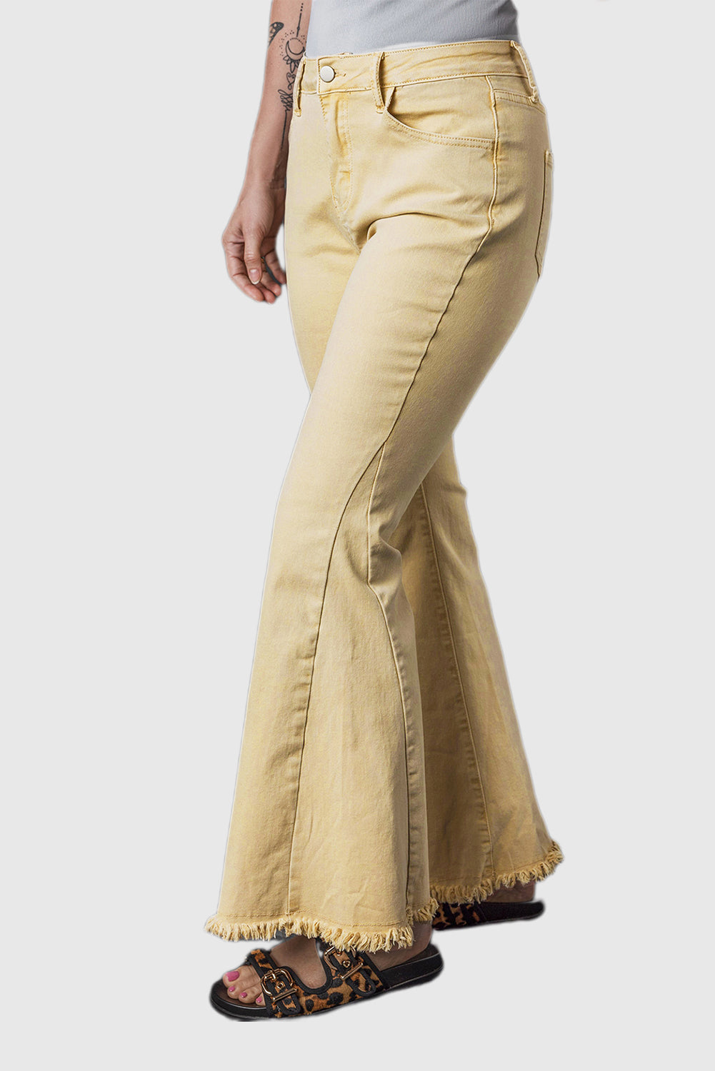 Khaki Mid-Rise Flared Jeans with Raw Edge