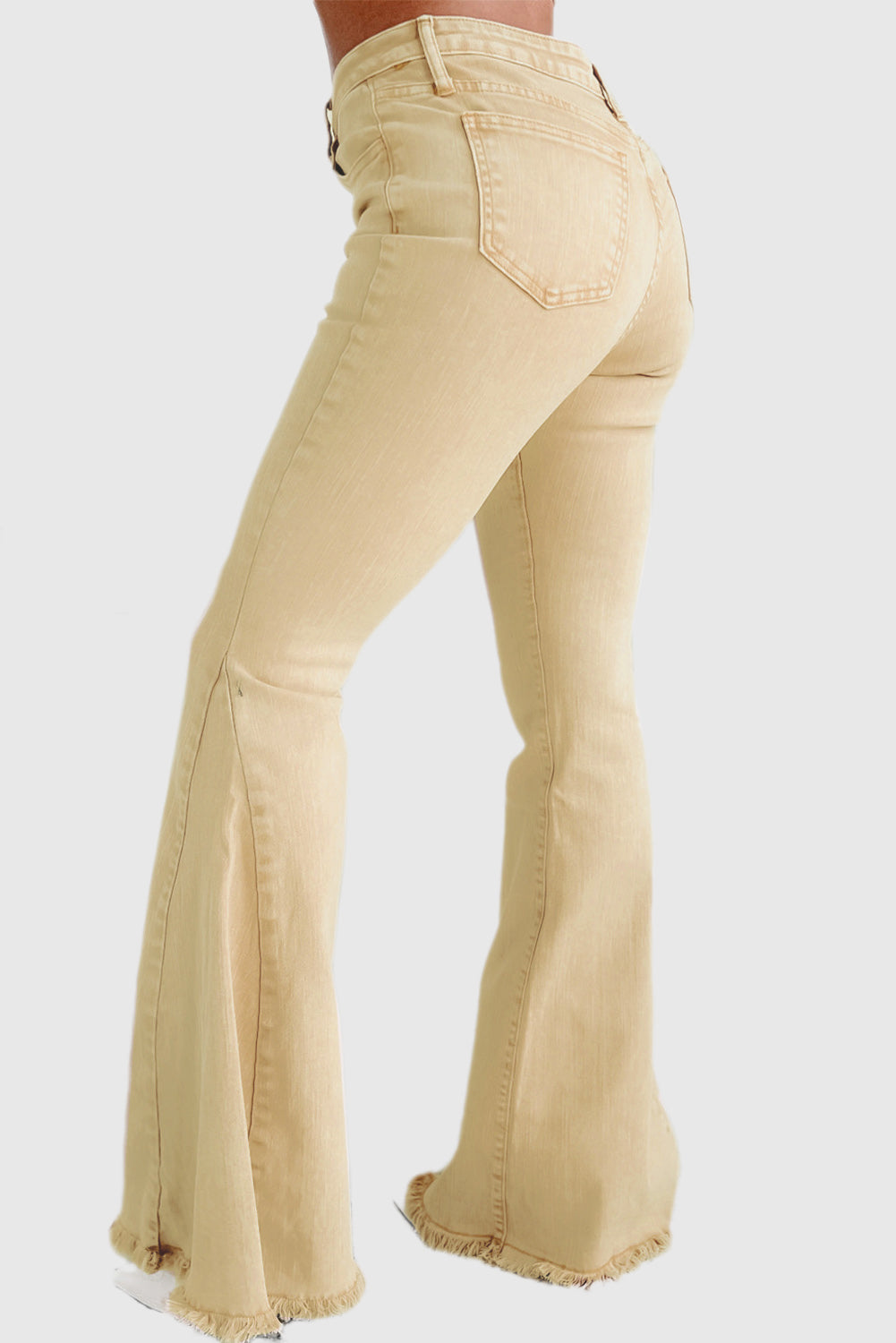 Khaki Mid-Rise Flared Jeans with Raw Edge