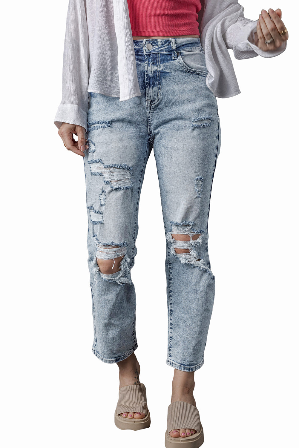 Sky Blue Light Wash Slim Fit High Waist Jeans