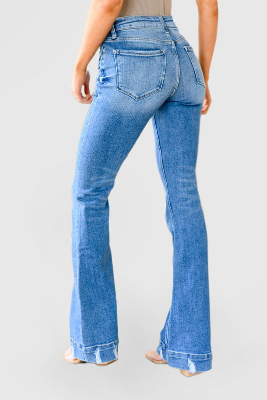 Sky Blue Medium Wash Flare Jeans with Light Distressing