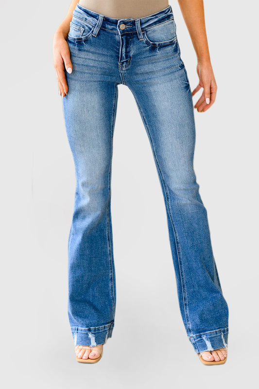Sky Blue Medium Wash Flare Jeans with Light Distressing