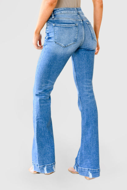 Sky Blue Medium Wash Flare Jeans with Light Distressing