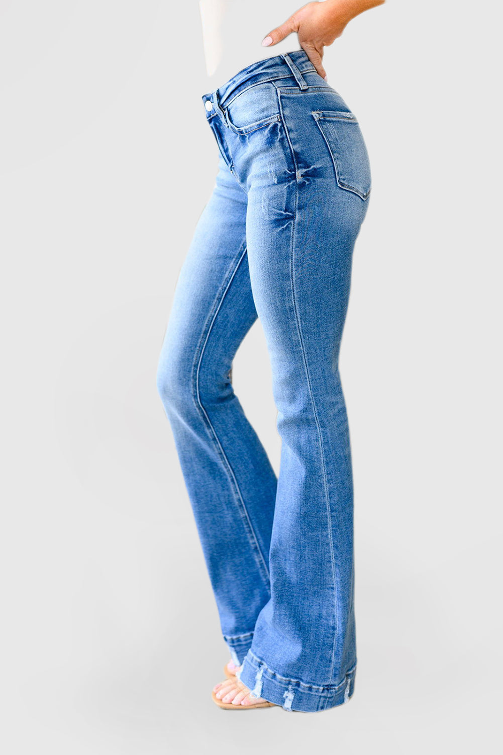 Sky Blue Medium Wash Flare Jeans with Light Distressing