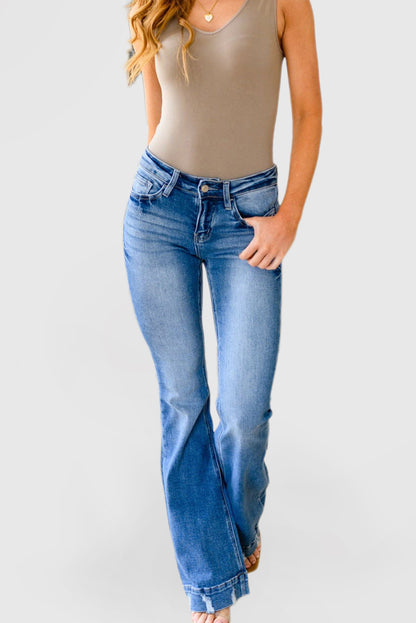 Sky Blue Medium Wash Flare Jeans with Light Distressing