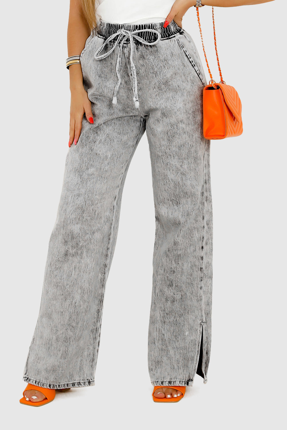 Charcoal Gray Elastic Waist Wide-Leg Pull-On Jeans