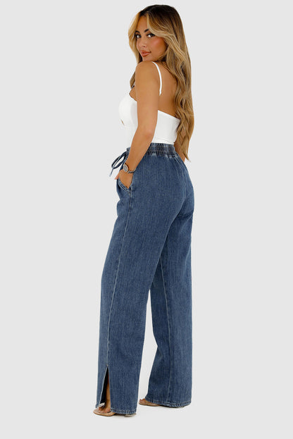 Charcoal Gray Elastic Waist Wide-Leg Pull-On Jeans