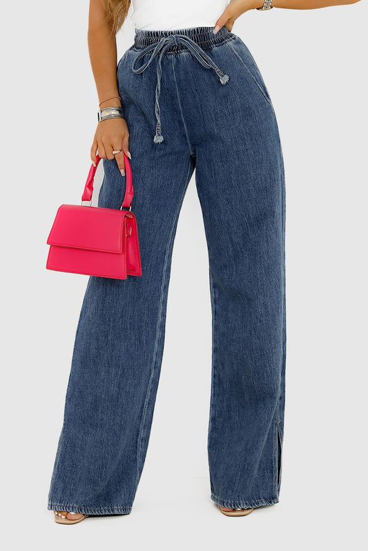 Charcoal Gray Elastic Waist Wide-Leg Pull-On Jeans