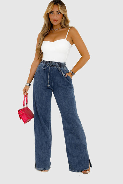 Charcoal Gray Elastic Waist Wide-Leg Pull-On Jeans