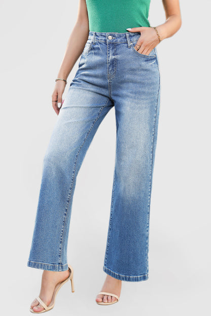 High Waist Casual Wide Leg Denim Pants with Pockets