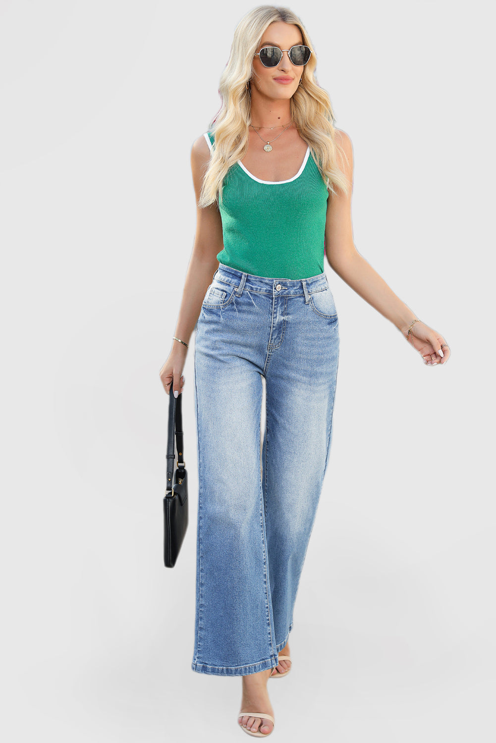 High Waist Casual Wide Leg Denim Pants with Pockets
