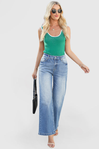 High Waist Casual Wide Leg Denim Pants with Pockets