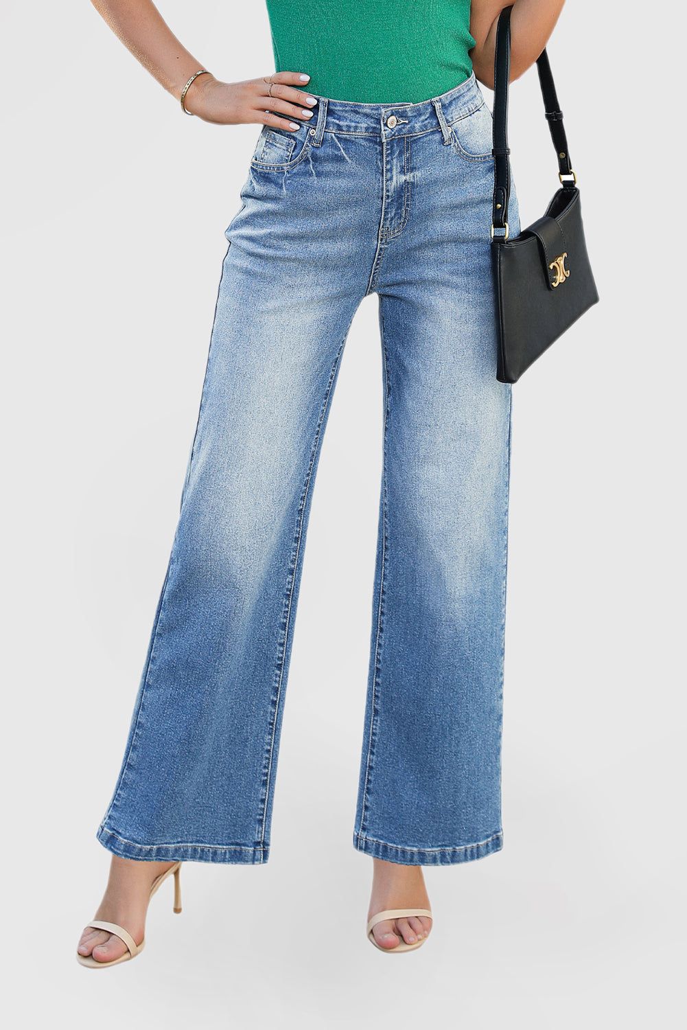 High Waist Casual Wide Leg Denim Pants with Pockets