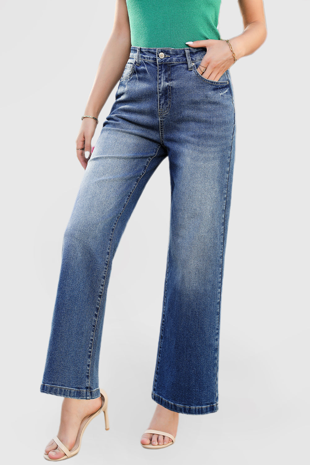 High Waist Casual Wide Leg Denim Pants with Pockets