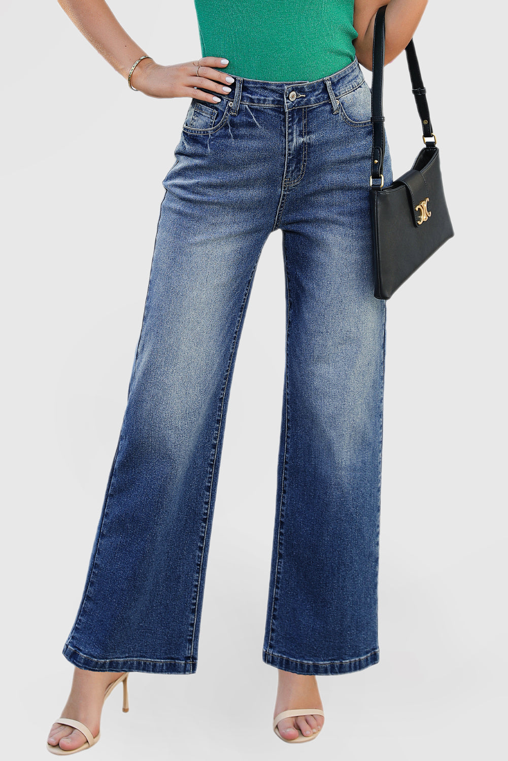High Waist Casual Wide Leg Denim Pants with Pockets