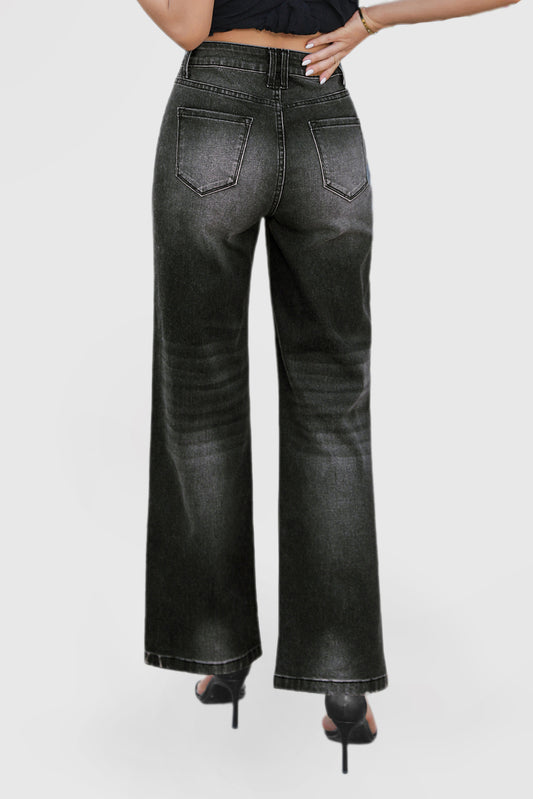 High Waist Casual Wide Leg Denim Pants with Pockets