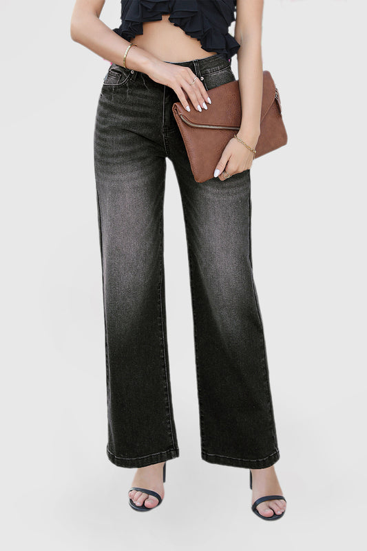 High Waist Casual Wide Leg Denim Pants with Pockets