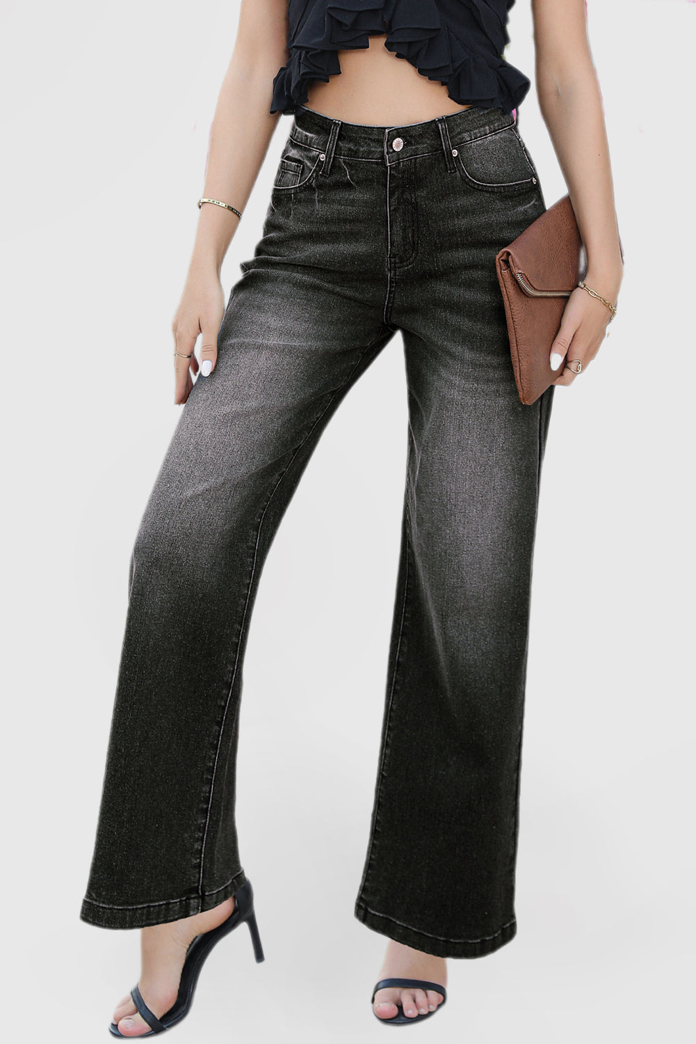 High Waist Casual Wide Leg Denim Pants with Pockets
