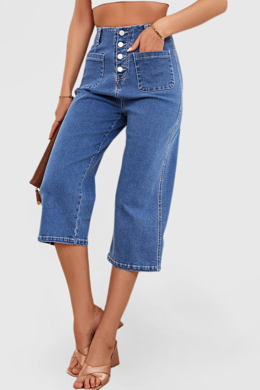 High Waisted Denim Straight Leg Pants with Pockets