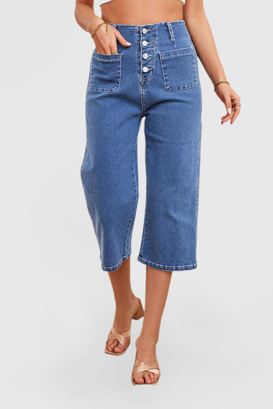 High Waisted Denim Straight Leg Pants with Pockets