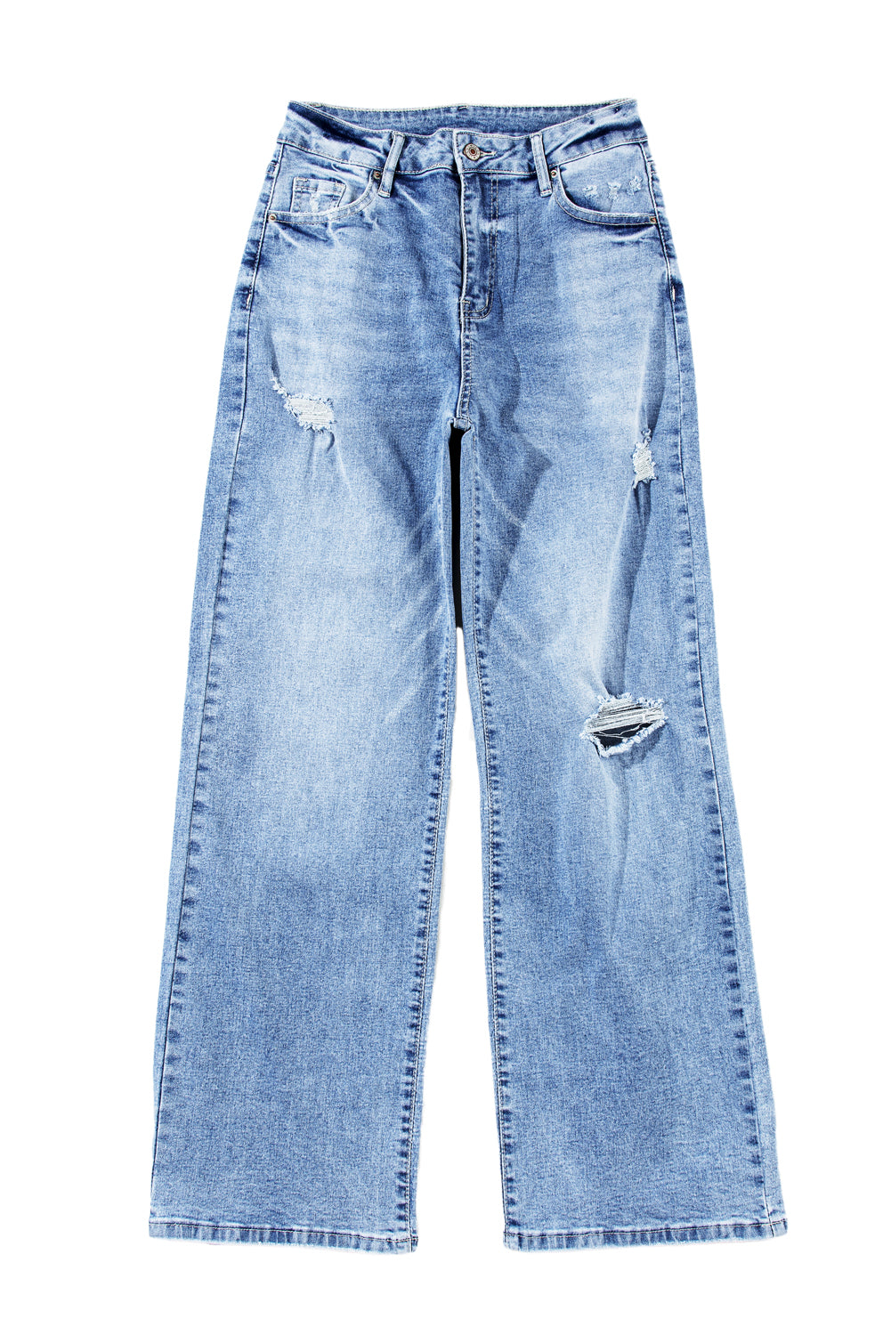 Light Blue High-Rise Distressed Straight-Leg Jeans