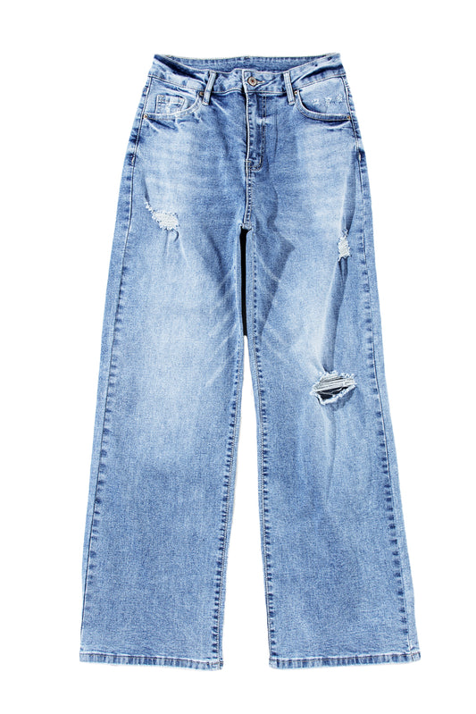 Light Blue High-Rise Distressed Straight-Leg Jeans
