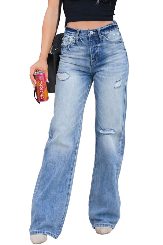 Light Blue High-Rise Distressed Straight-Leg Jeans