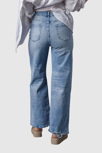 Light Blue High-Rise Distressed Straight-Leg Jeans