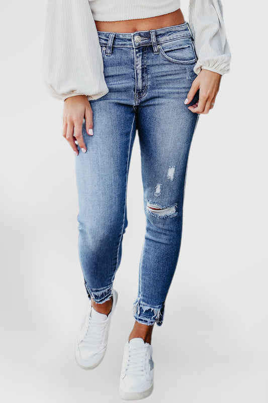 Light Blue Ripped Ankle Skinny Jeans with Frayed Edges