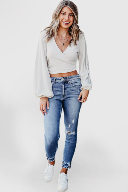 Light Blue Ripped Ankle Skinny Jeans with Frayed Edges