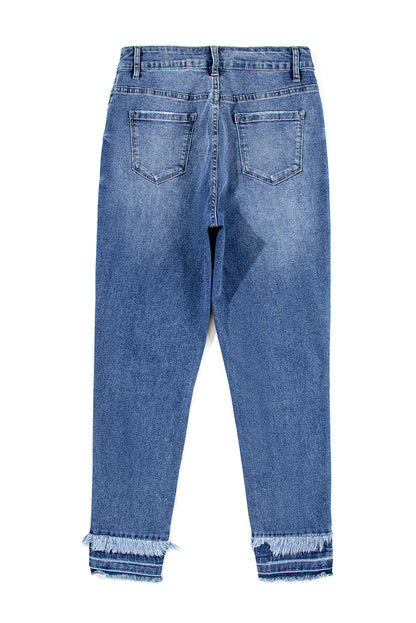 Light Blue Ripped Ankle Skinny Jeans with Frayed Edges