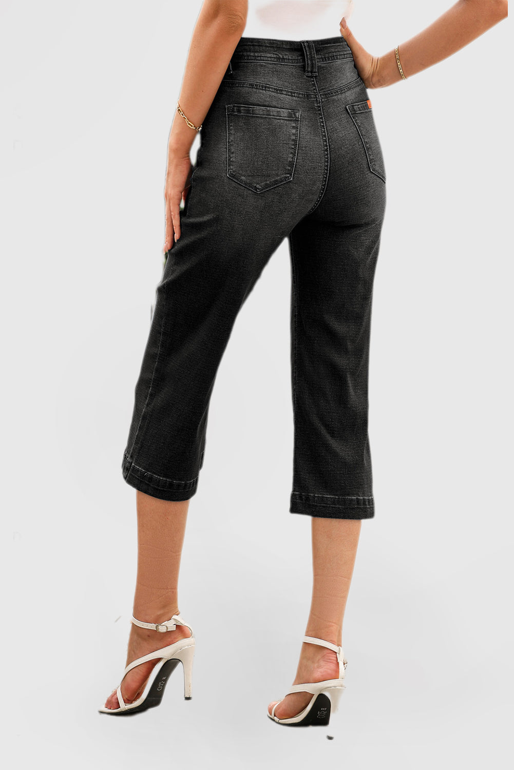 Solid Color High Waist Flare Leg 7 Points Casual Jeans