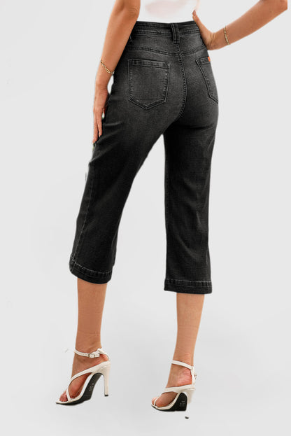 Solid Color High Waist Flare Leg 7 Points Casual Jeans