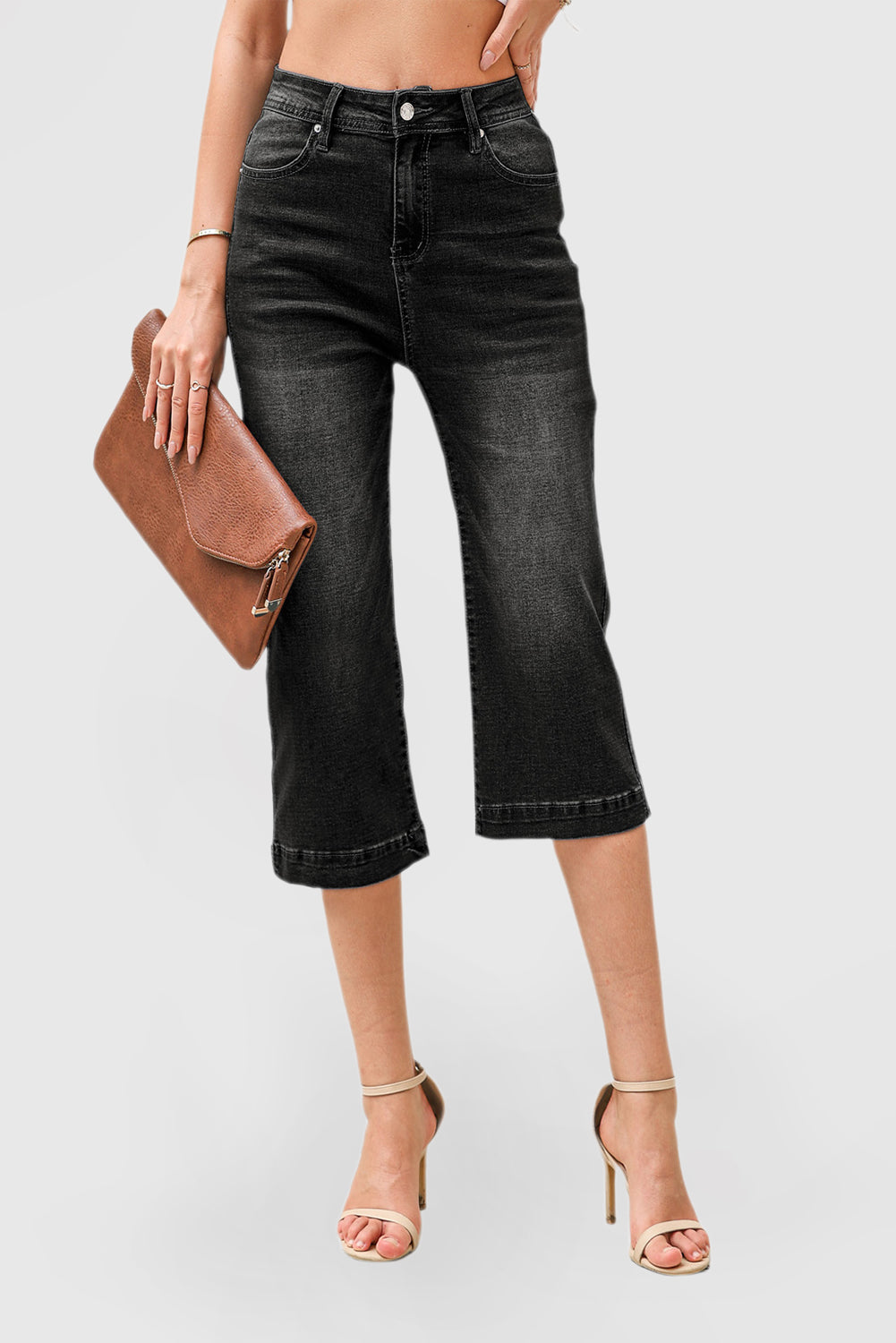 Solid Color High Waist Flare Leg 7 Points Casual Jeans