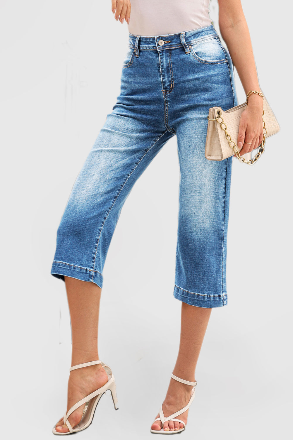 Solid Color High Waist Flare Leg 7 Points Casual Jeans