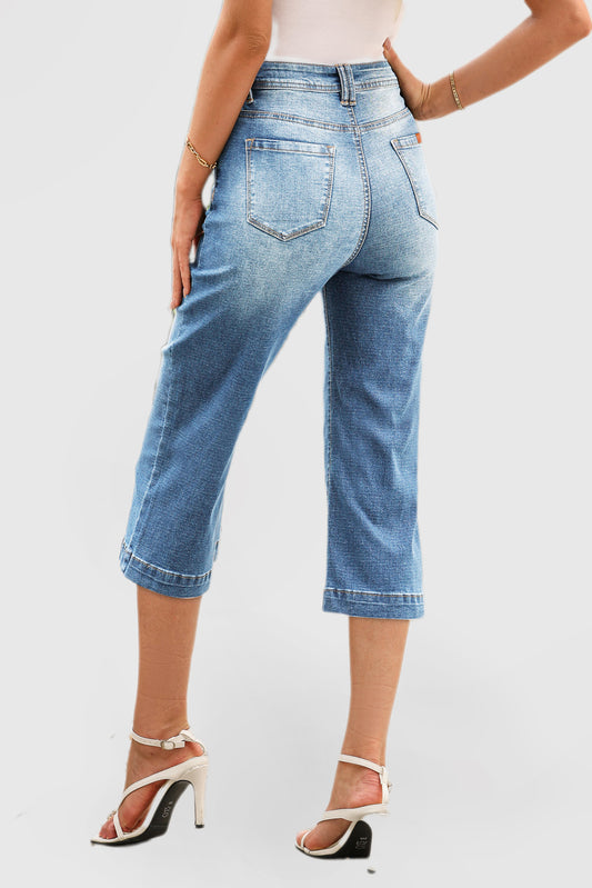 Solid Color High Waist Flare Leg 7 Points Casual Jeans