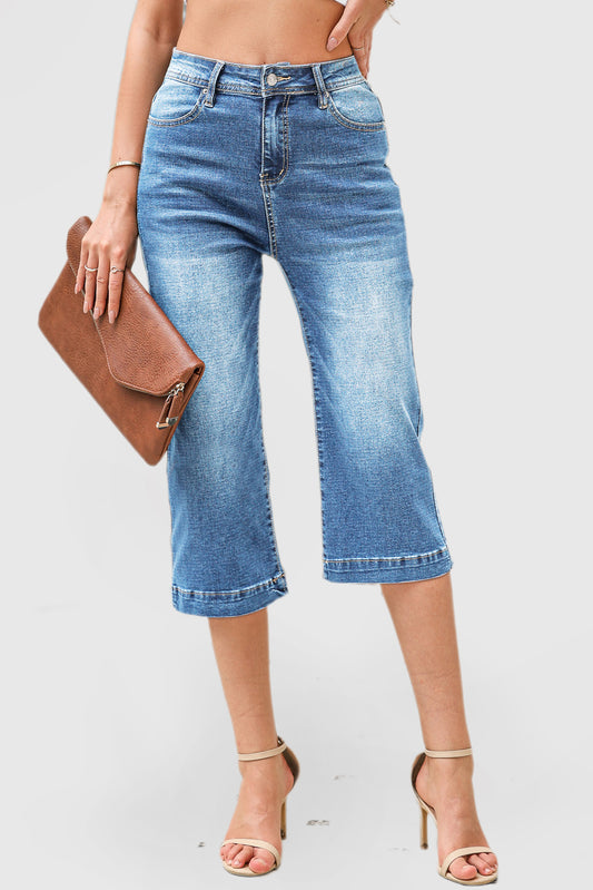 Solid Color High Waist Flare Leg 7 Points Casual Jeans