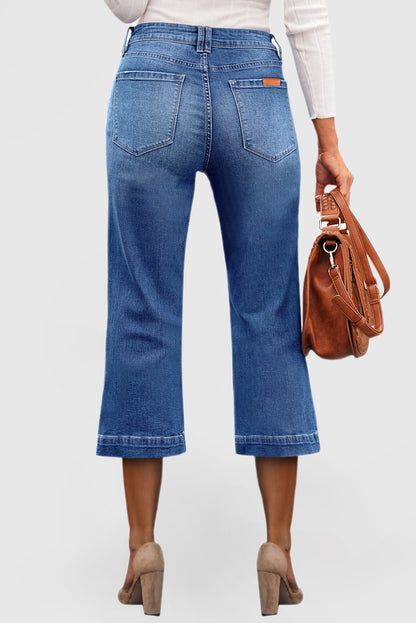 Solid Color High Waist Flare Leg 7 Points Casual Jeans