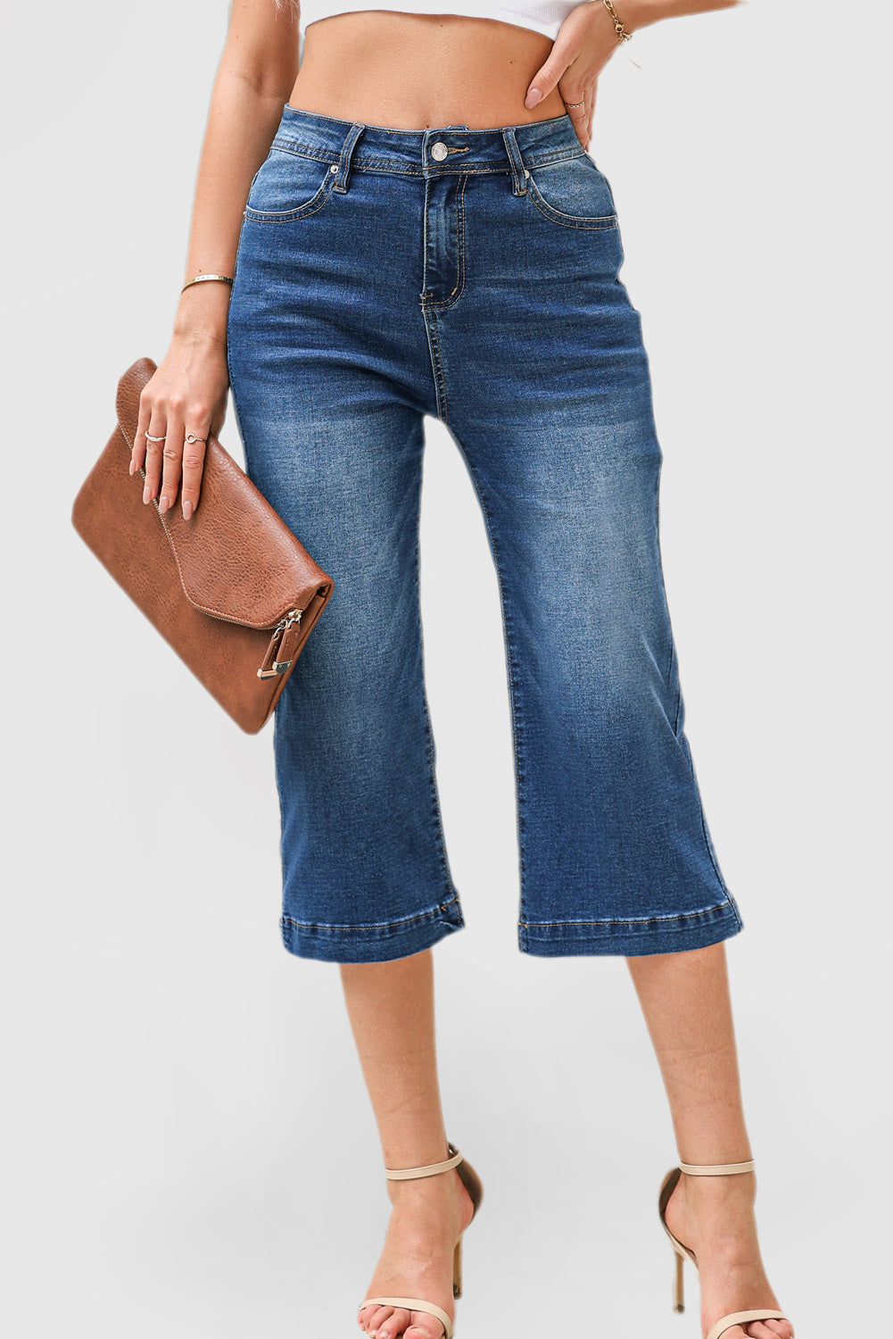 Solid Color High Waist Flare Leg 7 Points Casual Jeans