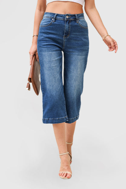 Solid Color High Waist Flare Leg 7 Points Casual Jeans