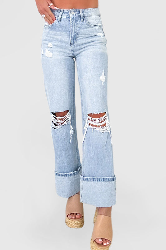 Beau Blue Light-Wash Flare Jeans with Distressed Detailing