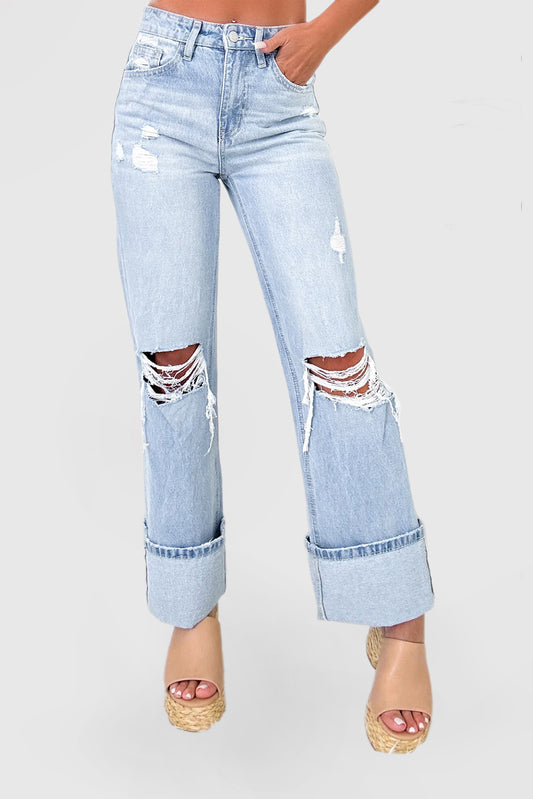 Beau Blue Light-Wash Flare Jeans with Distressed Detailing