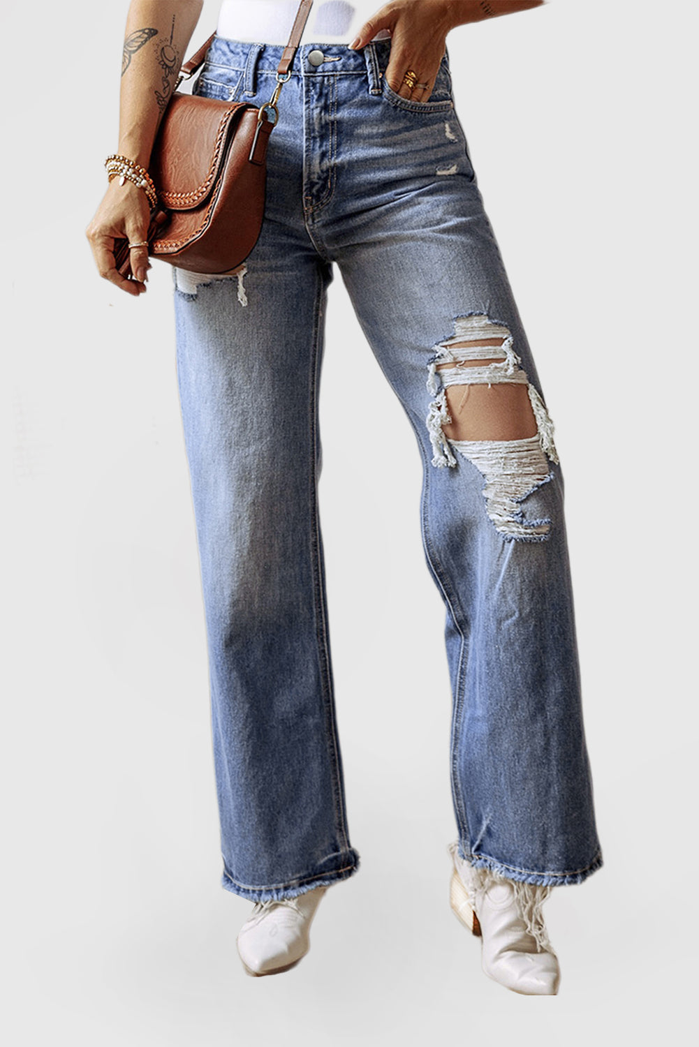 Women's Fashion Aged Jeans High Waistline Straight Legs