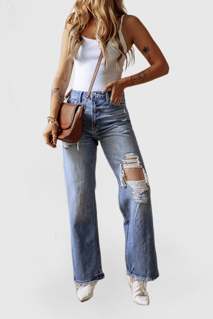 Women's Fashion Aged Jeans High Waistline Straight Legs
