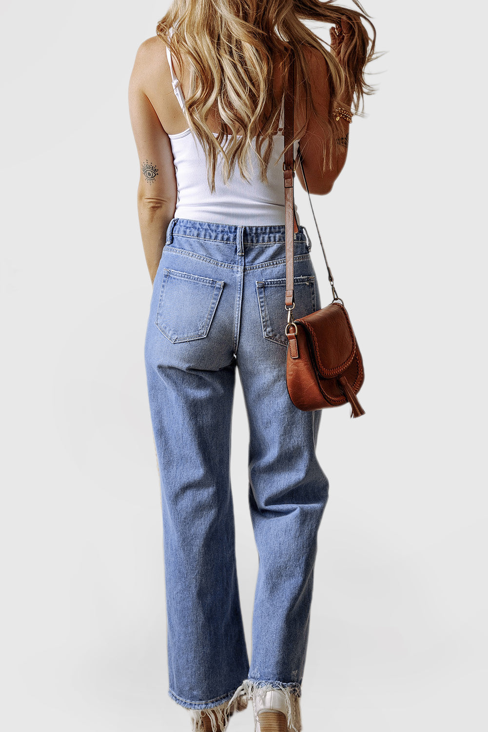 Women's Fashion Aged Jeans High Waistline Straight Legs