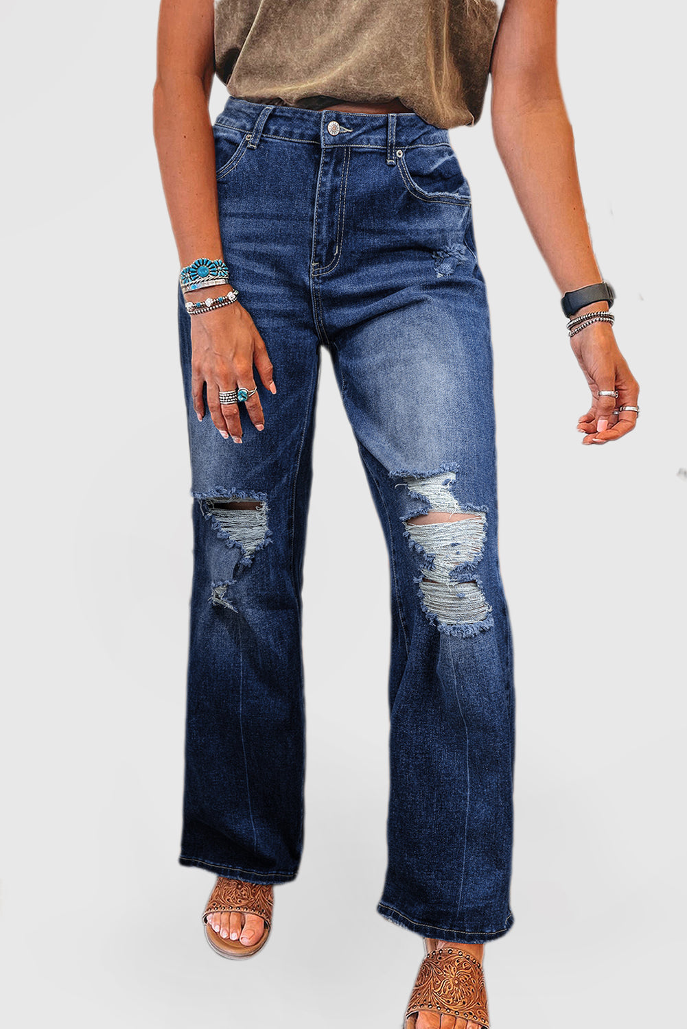 Dusk Blue High-Rise Ripped Jeans with Mineral Wash